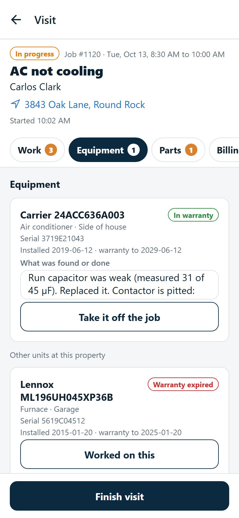 The equipment section of a visit: an air conditioner in warranty with the technician’s note, and a furnace with an expired warranty waiting to be marked.
