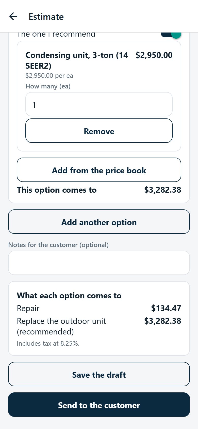 An estimate with two options on a technician’s phone.