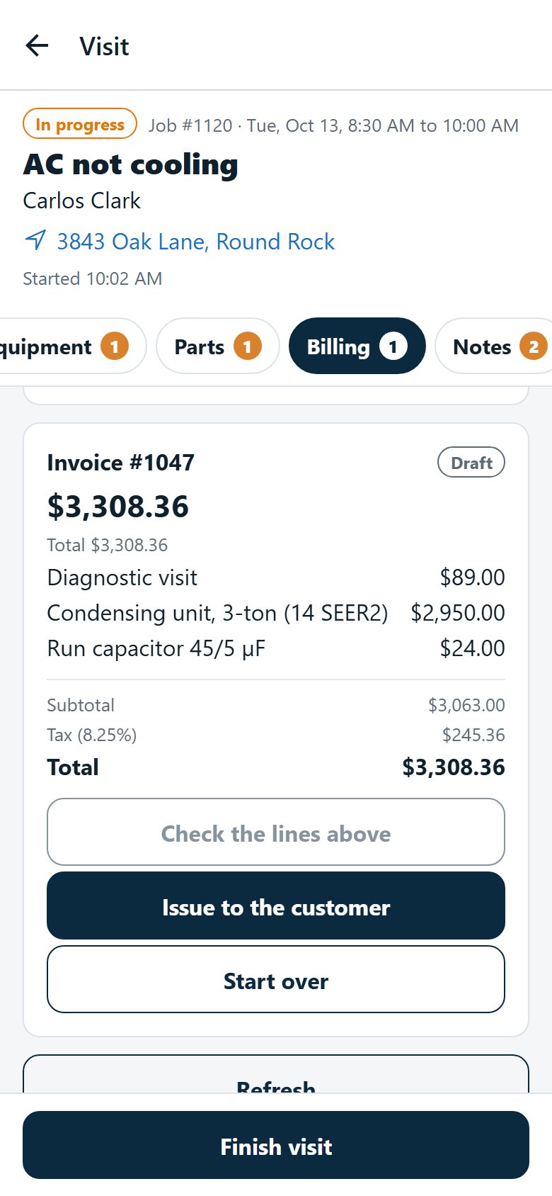A draft invoice on a phone with a diagnostic visit, a condensing unit and the run capacitor that was used, with tax, and Issue to the customer.