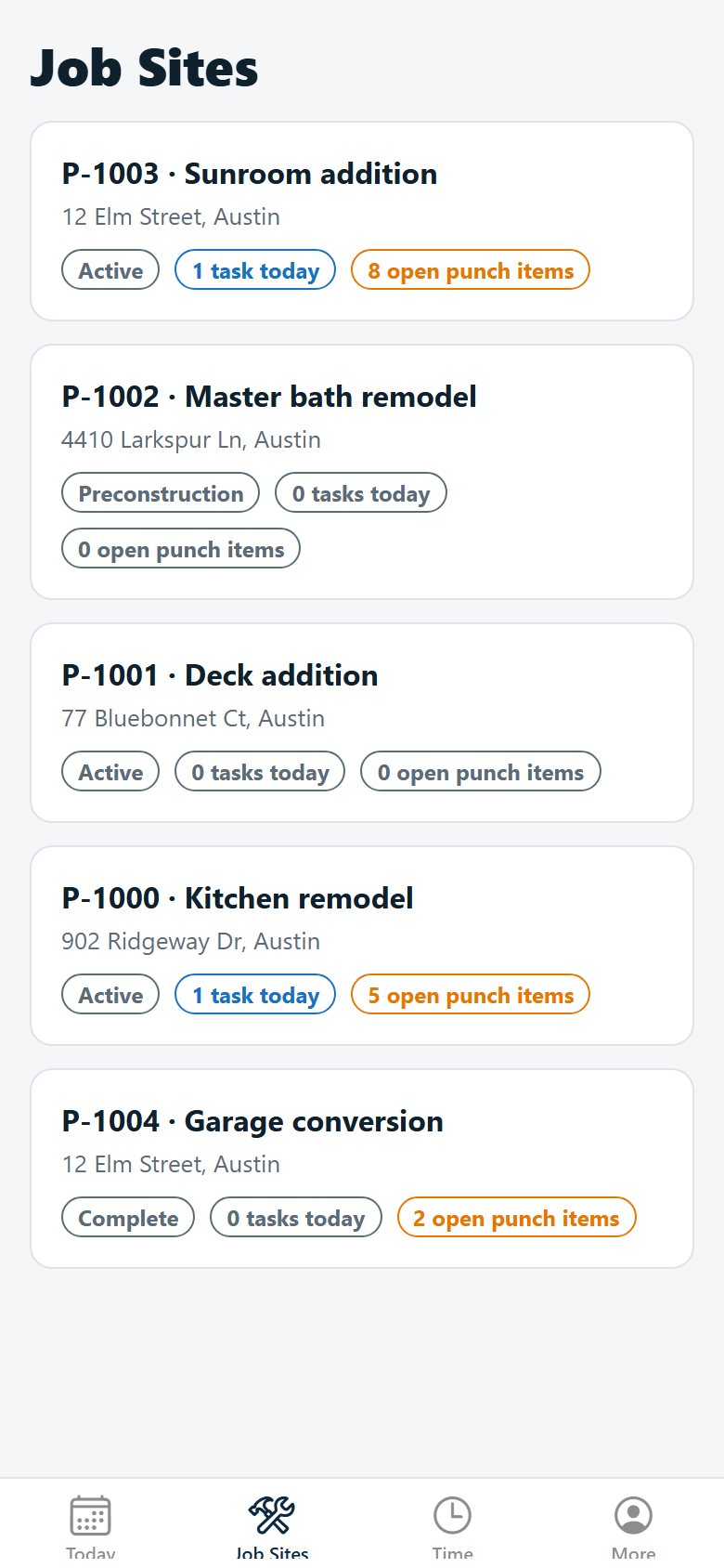 Job Sites on a phone: each project with its status, tasks today and open punch items.