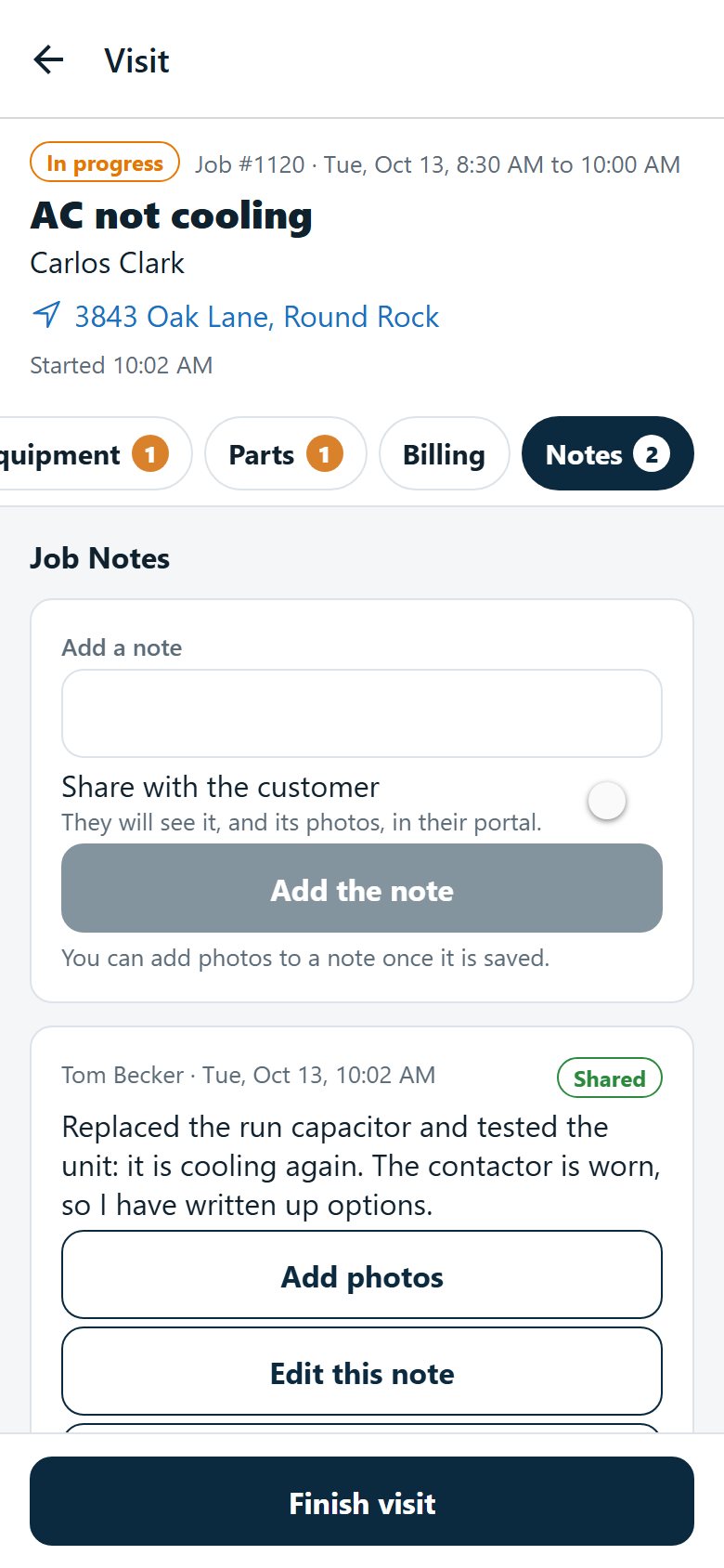 Job notes on a phone: a box to add a note with a switch to share it with the customer, and a note already shared with the customer.