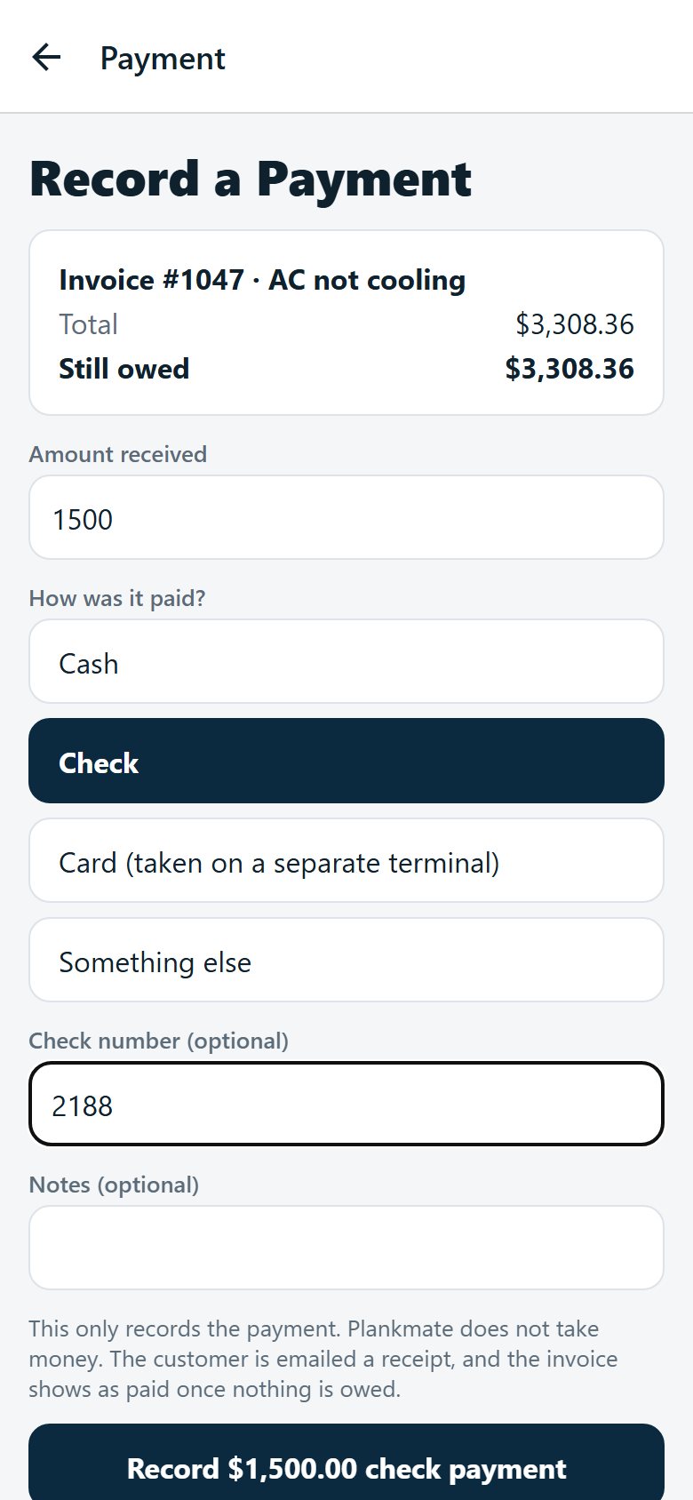 Record a payment on a phone: the invoice total, the amount received, a check number, and the button to record the payment.