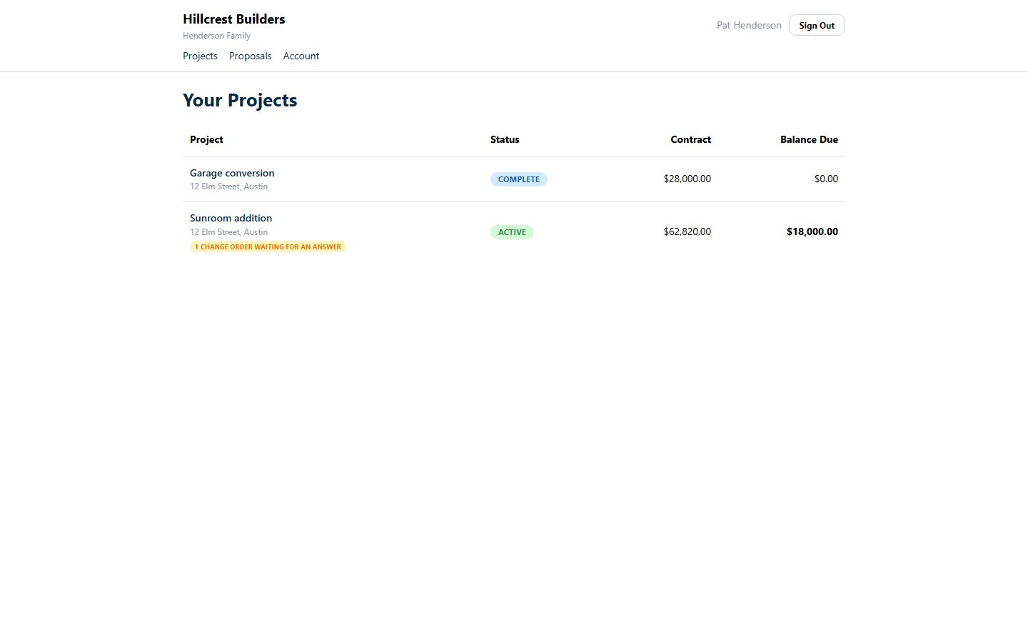 The client portal for a builder: projects, contract, balance due and a change order waiting for an answer.