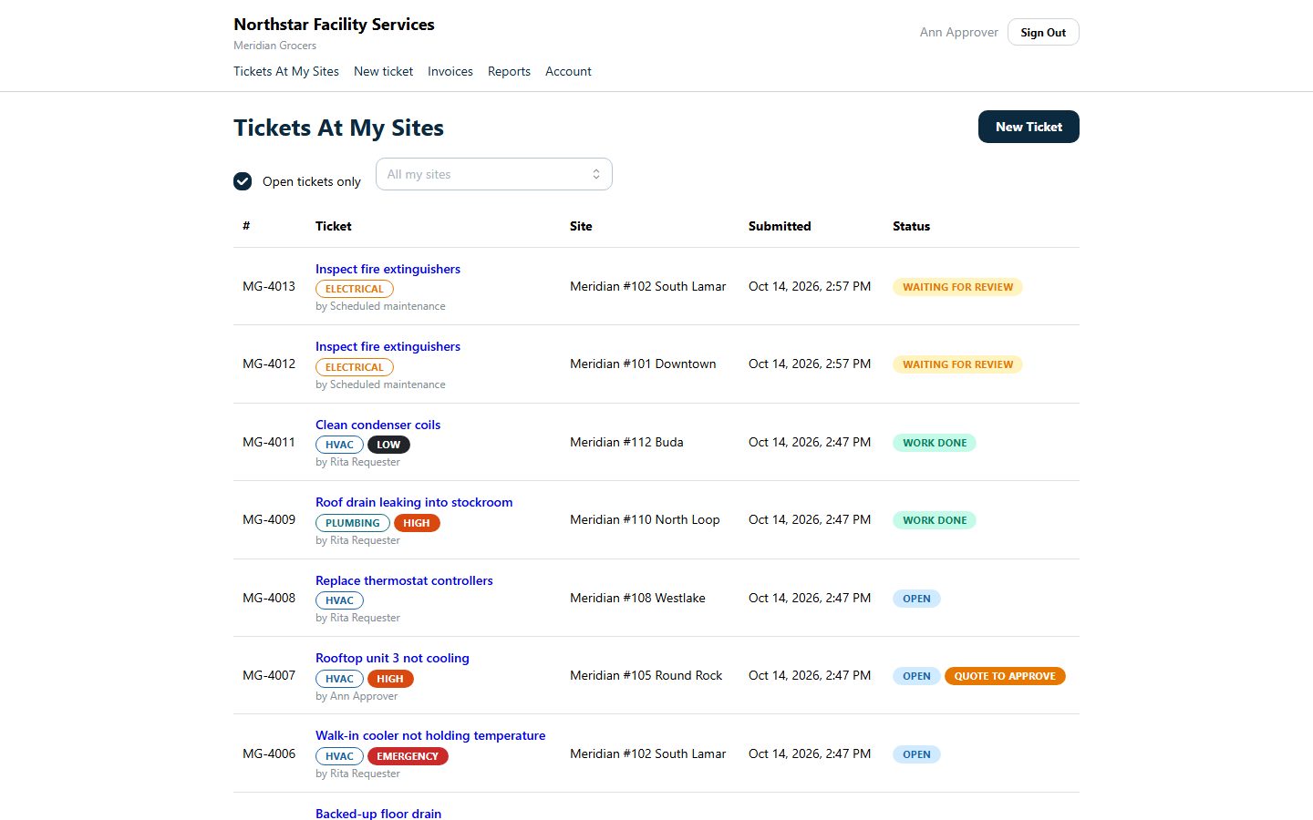 The client portal: tickets at the client’s sites with their status and quotes waiting for approval.