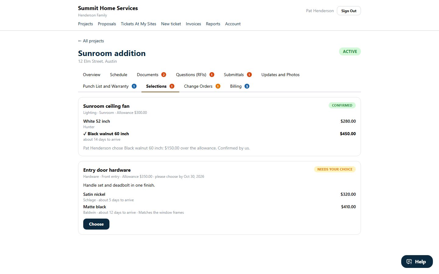 The client portal’s Selections tab: one choice confirmed, and one waiting for the client with two priced options.