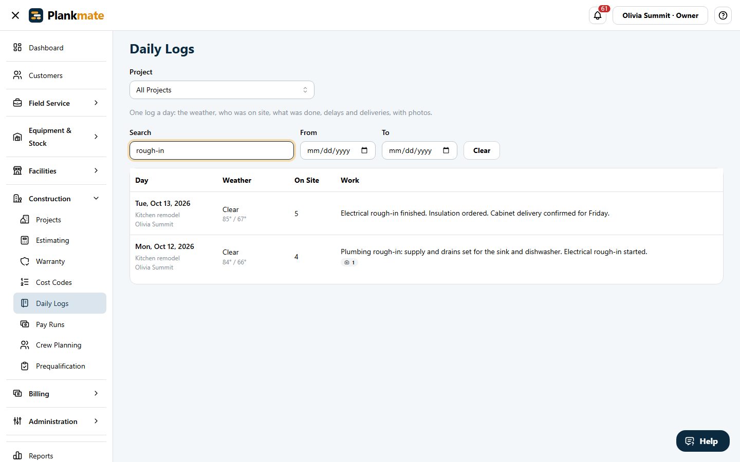 Daily logs searched across all projects for rough-in, with the matching days listed.