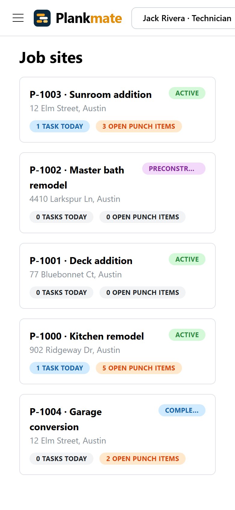The Job Sites list on a phone: each project with tasks today and open punch items.