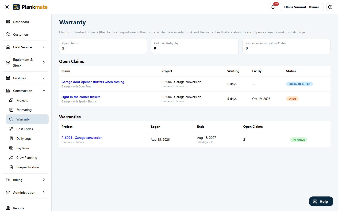 The Warranty page: two open claims and a warranty in force.