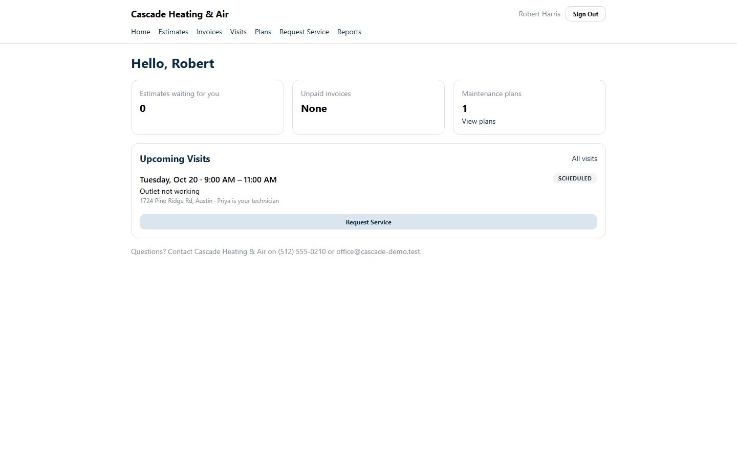 The customer portal: estimates waiting, unpaid invoices, maintenance plans and the next visit.