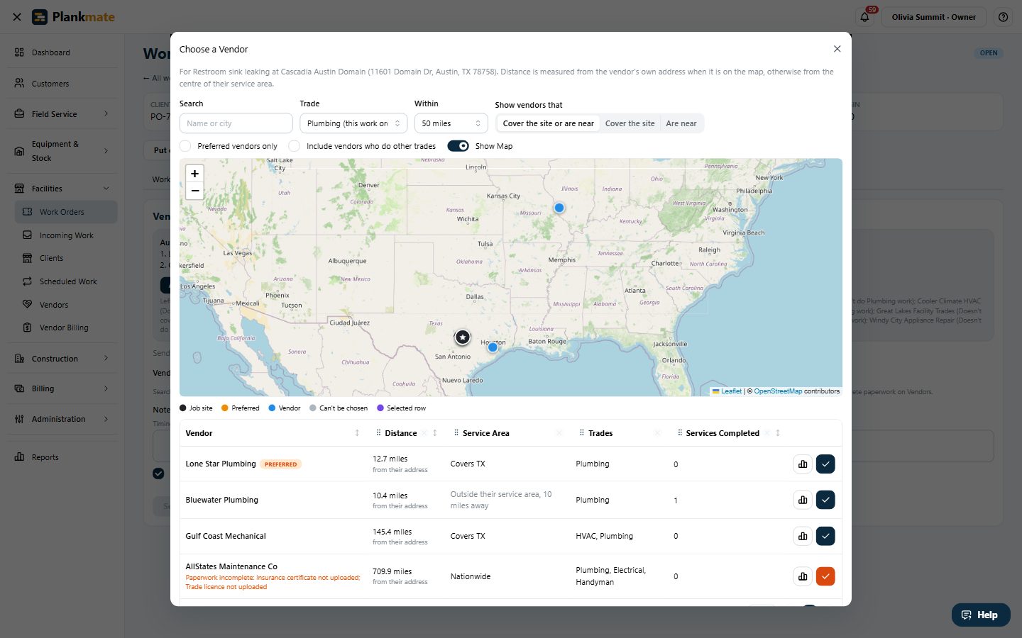 Choose a Vendor: a map of the job site and nearby vendors, and a grid with distance, service area, trades and services completed.