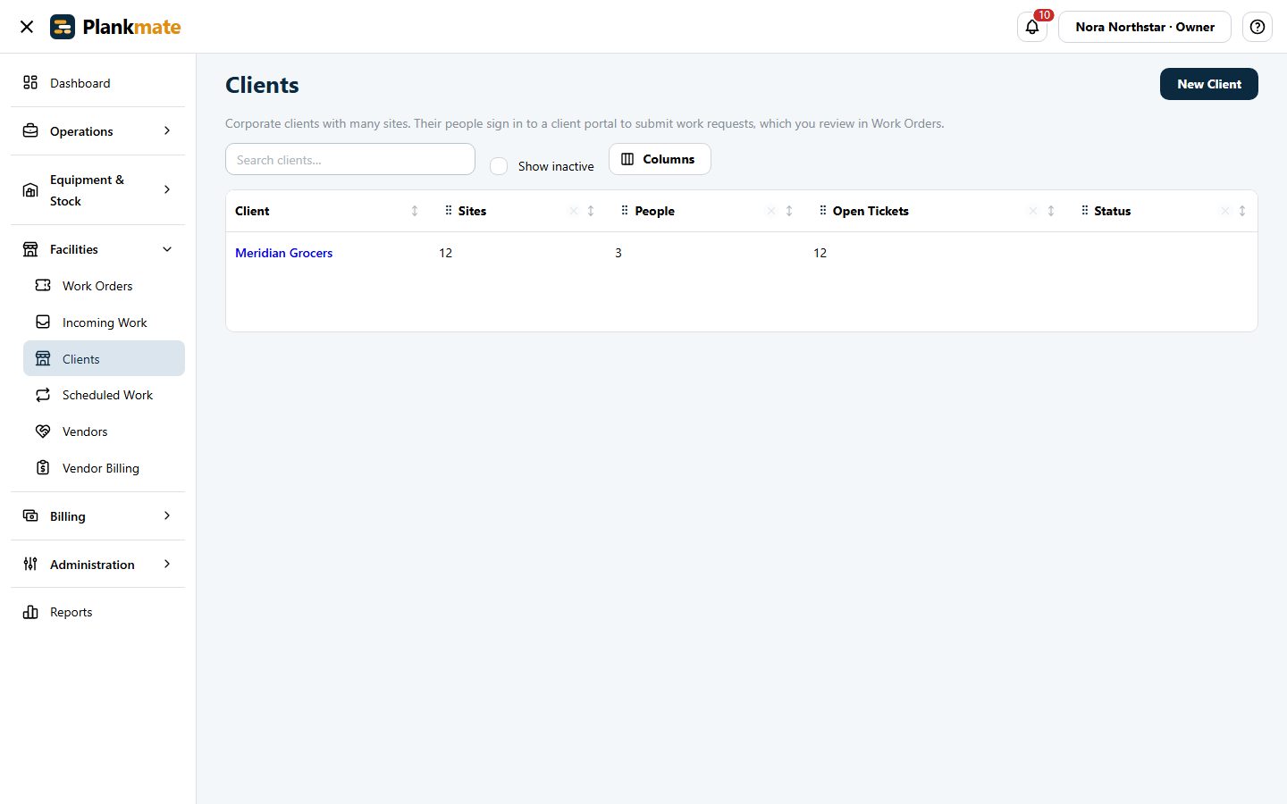The clients list with their sites and open tickets.