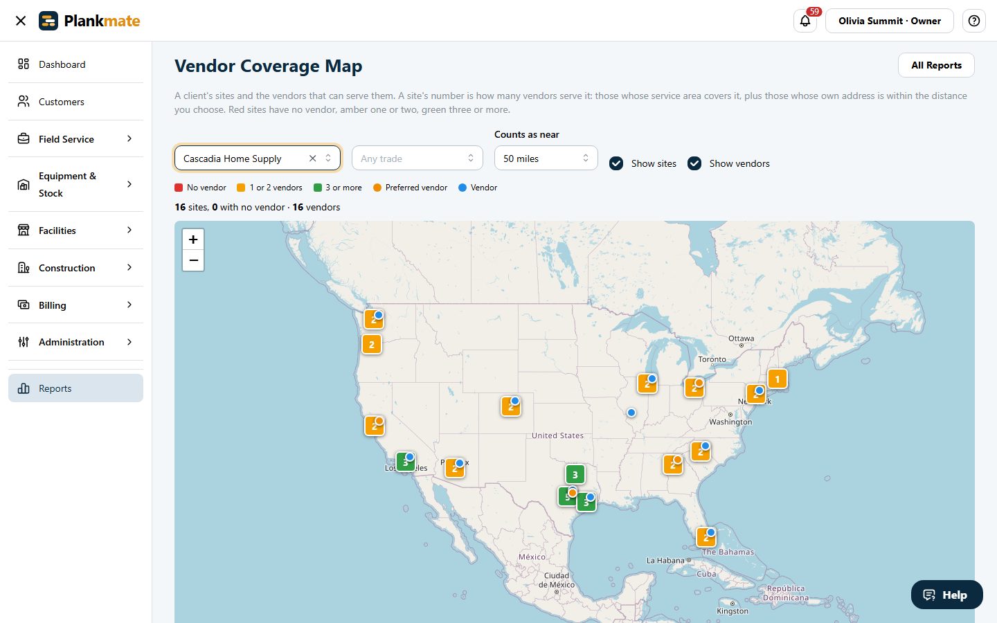 The vendor coverage map: a client’s sites across the country, each numbered with how many vendors serve it, with the vendors shown as dots.