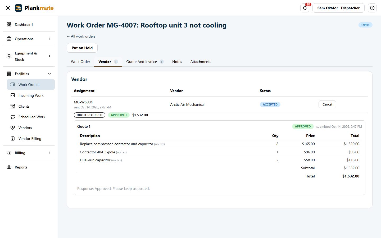 A ticket with its service level, the vendor’s work order and the quote that was approved.