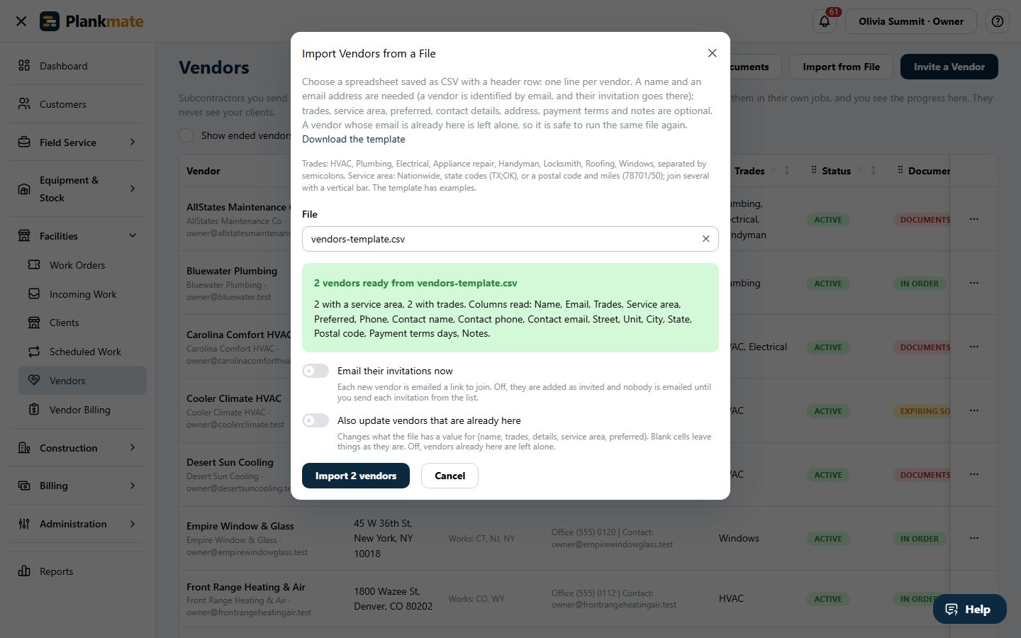 Importing vendors from a file: two vendors ready, with the choice of emailing their invitations now.
