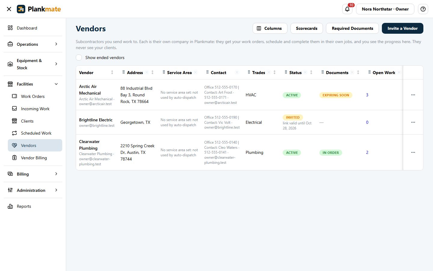The vendors list with their trades, service areas and document status.