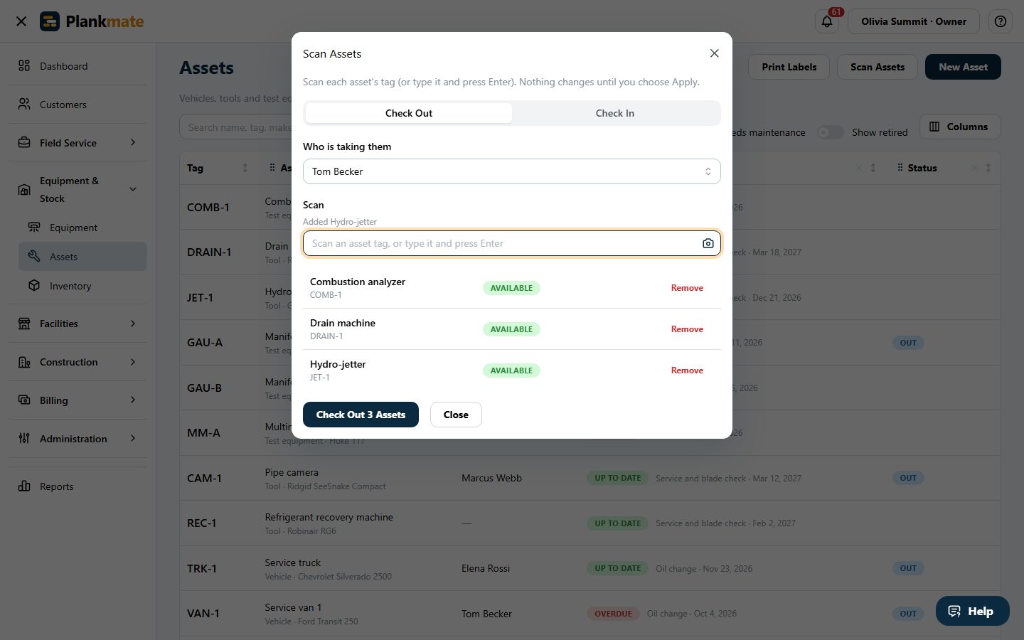 Scan Assets: three tools scanned to check out to a technician.