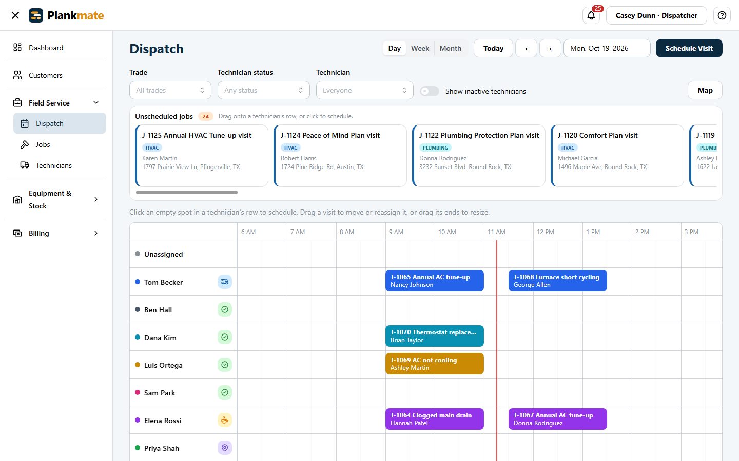The Plankmate dispatch board with technicians, scheduled visits and unscheduled jobs.
