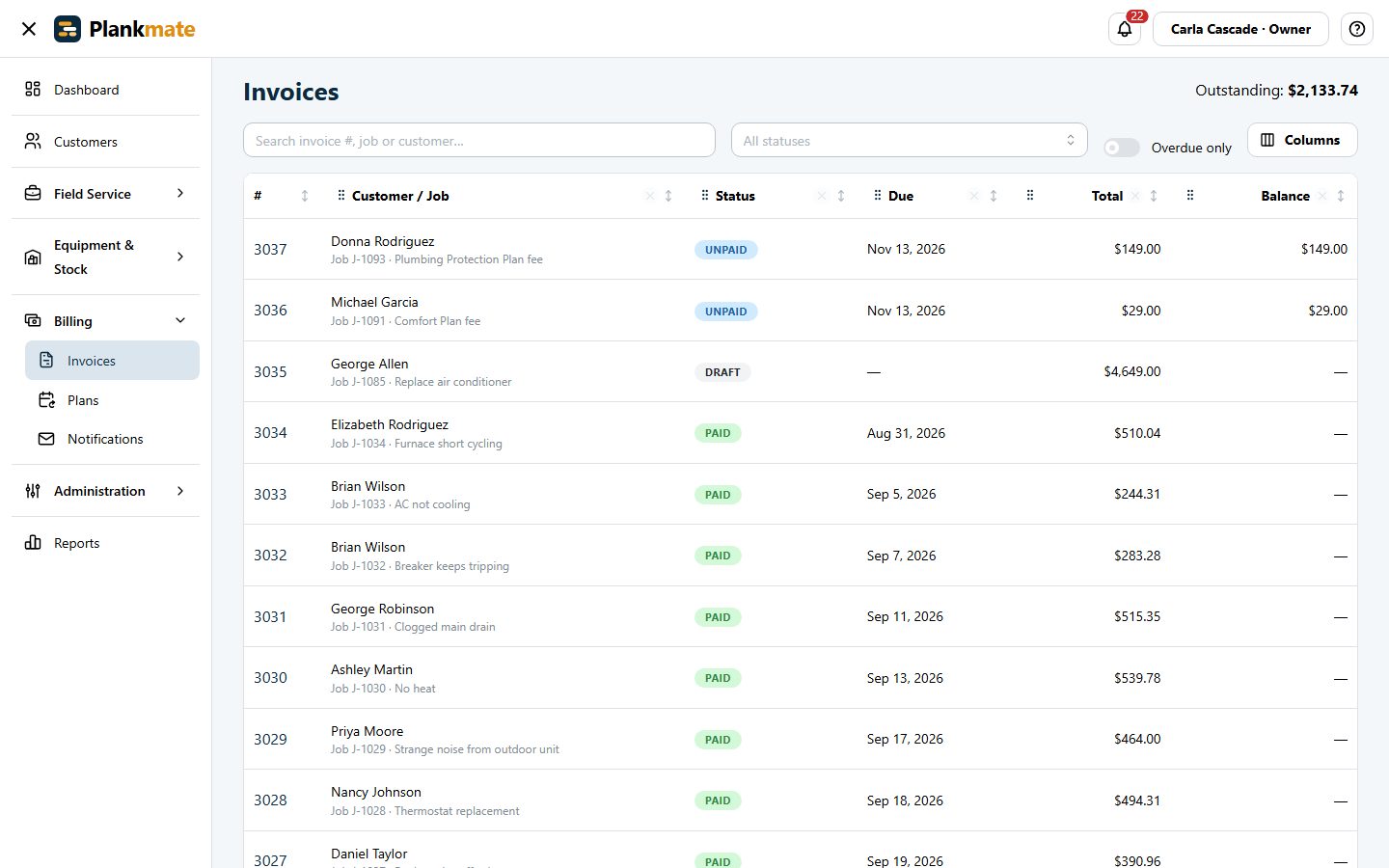 The invoices list with statuses and amounts.