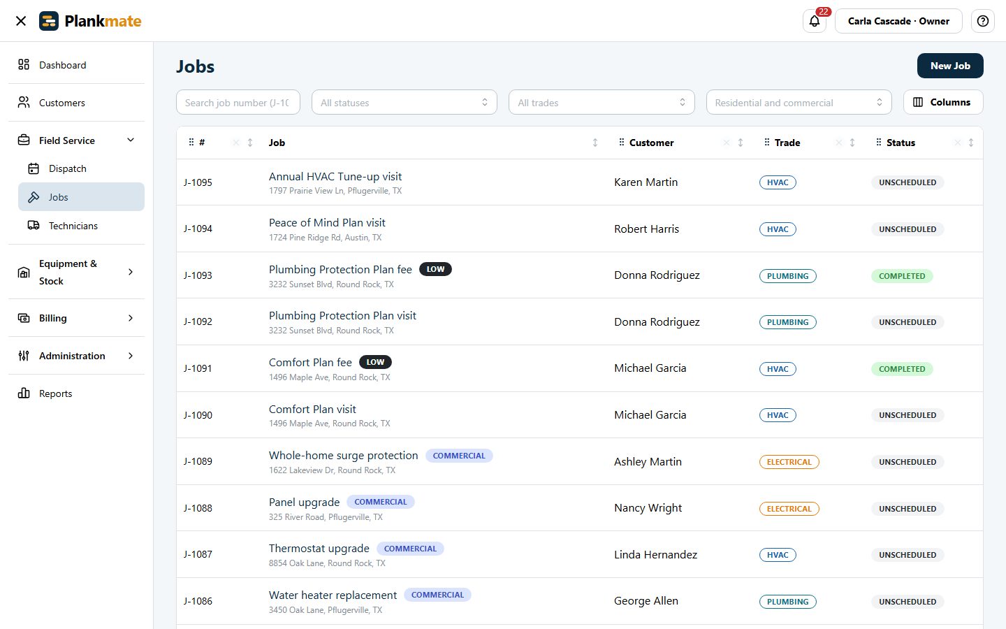 The jobs list with status, trade and priority.