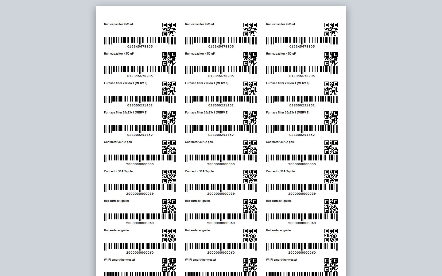 A sheet of 30 labels: part names, barcodes and QR codes, ready to print.