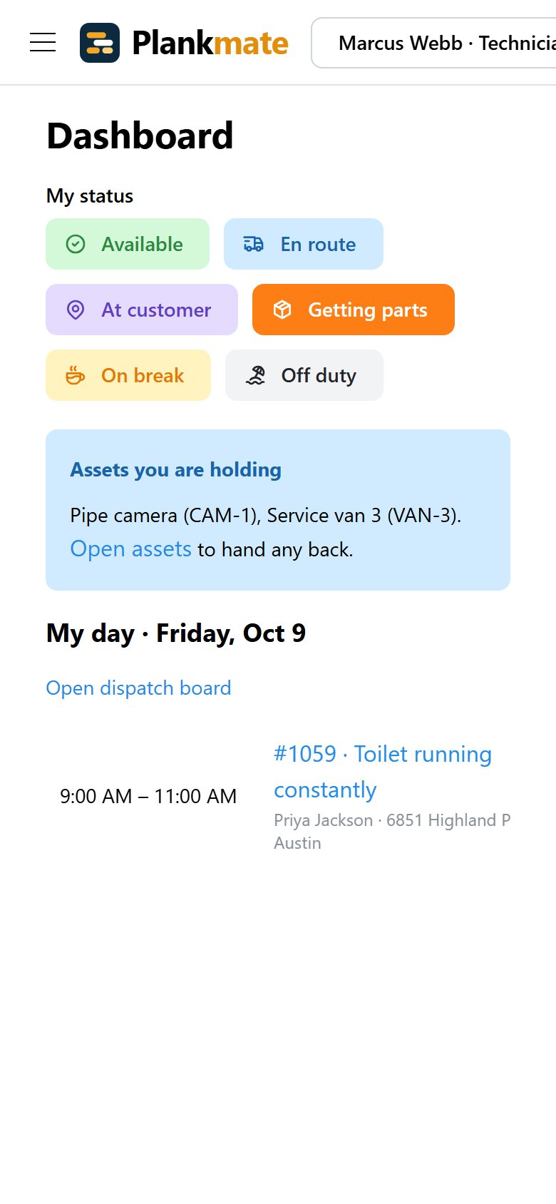 A technician’s phone: their status buttons, the assets they are holding and today’s visit.