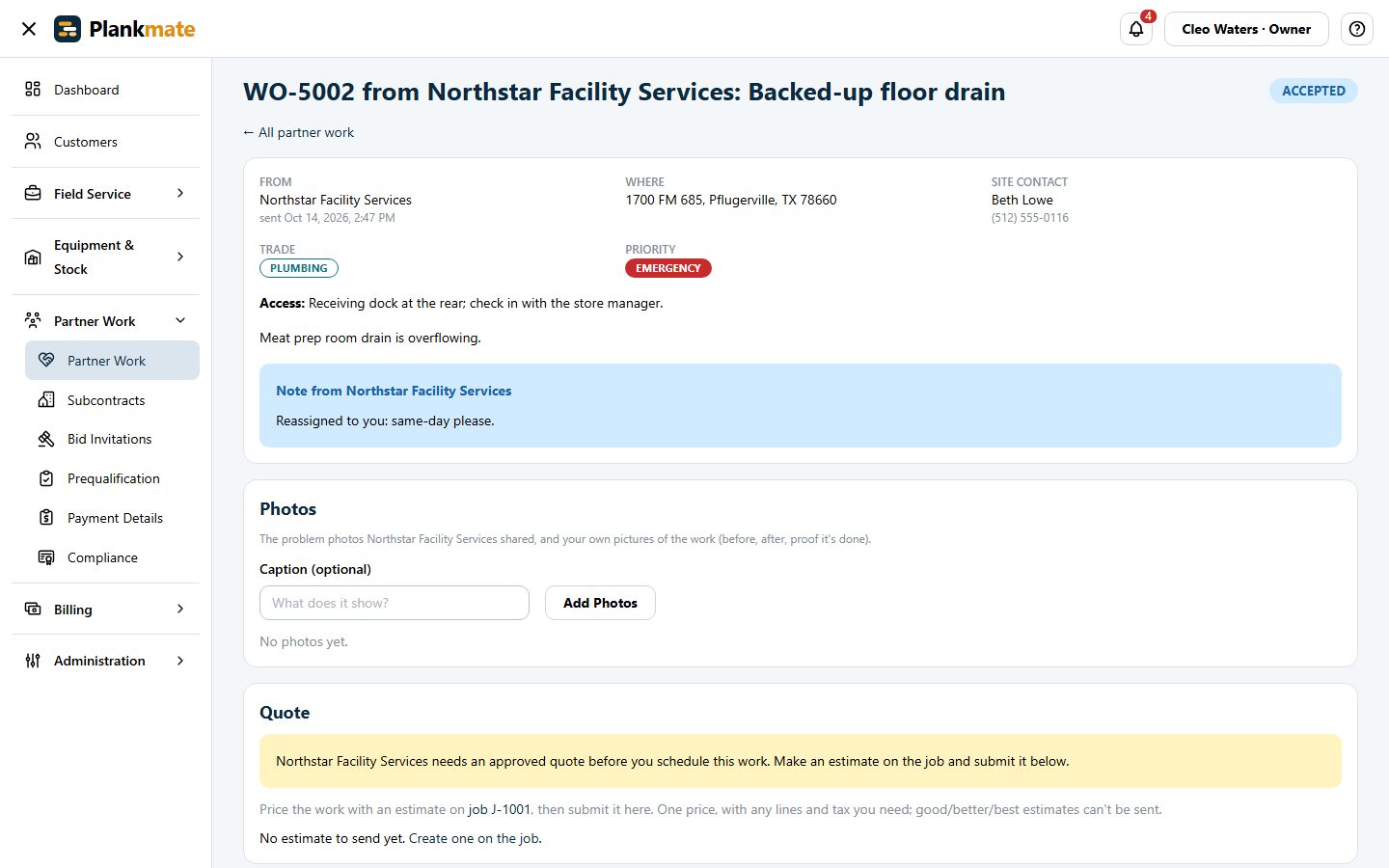 A work order from a facilities company: where, priority, access notes, photos and the quote required before scheduling.