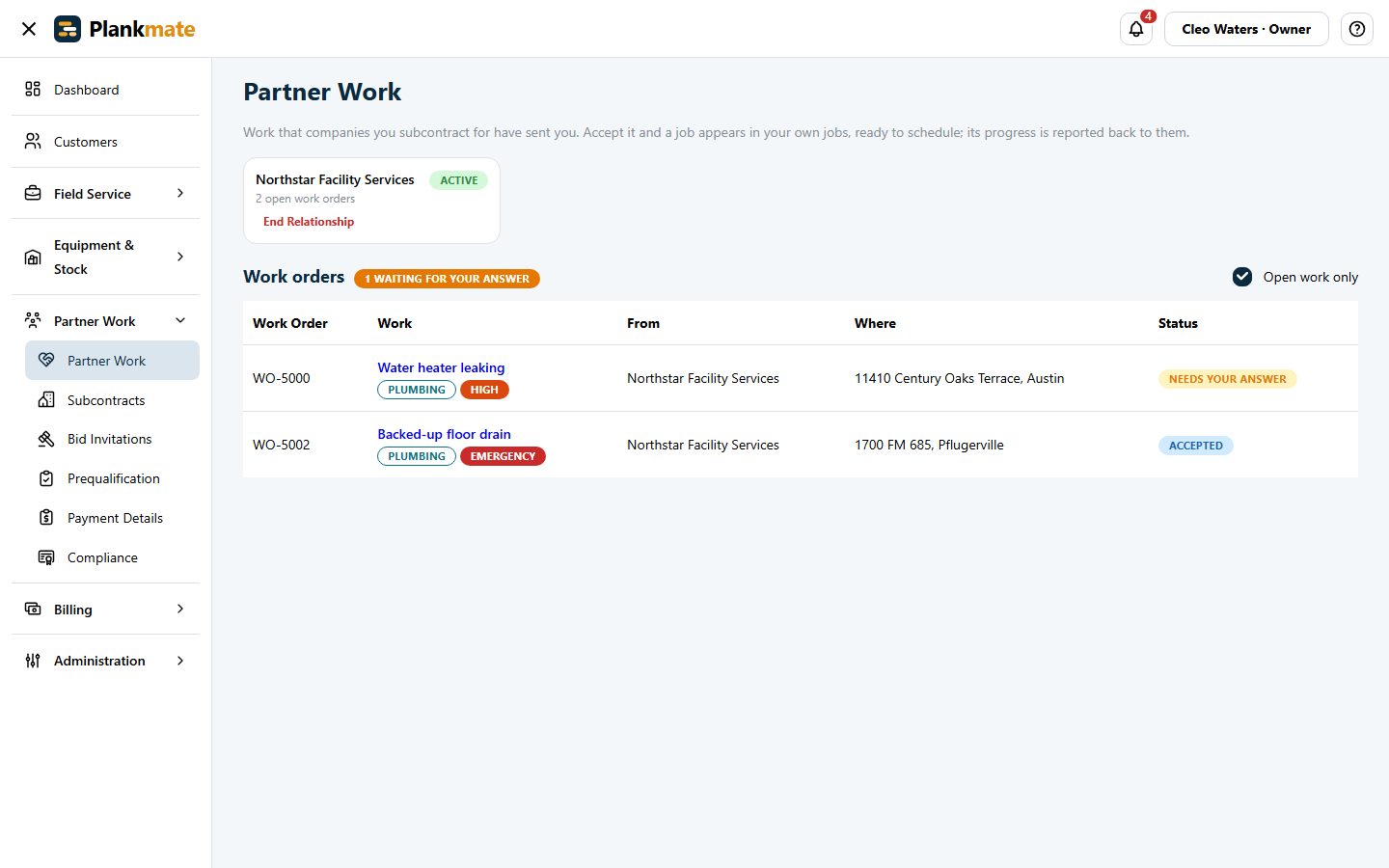 Partner work: the work orders sent by the companies a vendor works for, with the one waiting for an answer.